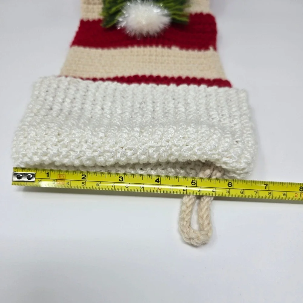 Crate & Barrel Hand-Knit Shaggy Tree Stocking Christmas Red Wool Holiday Decor